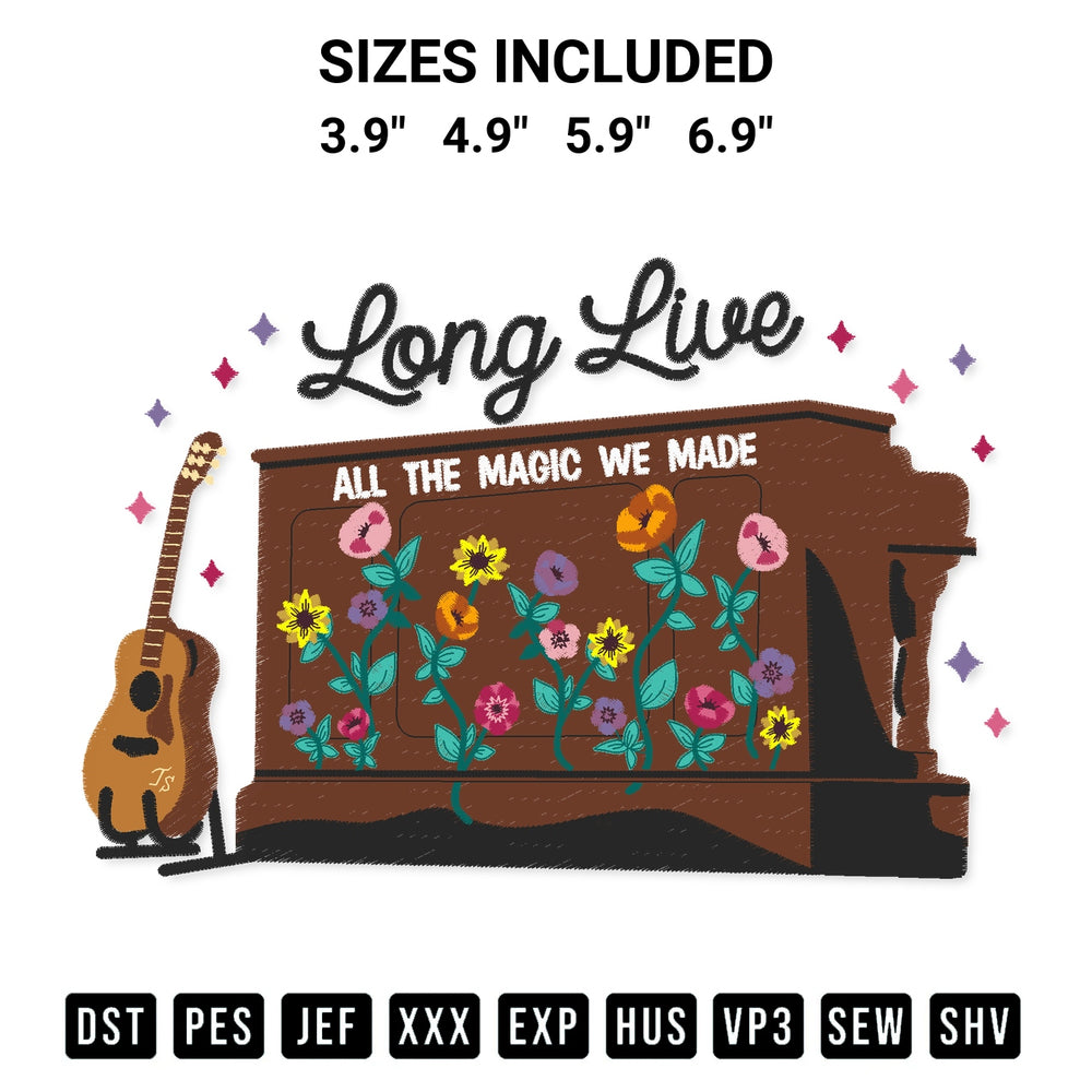 Stitch like a pro with the Long Live All The Magic We Made Acoustic Piano Embroidery Design embroidery pattern from Designspacks.com. High-quality digital machine embroidery file. Available sizes: 3.9", 4.9", 5.9", 6.9".