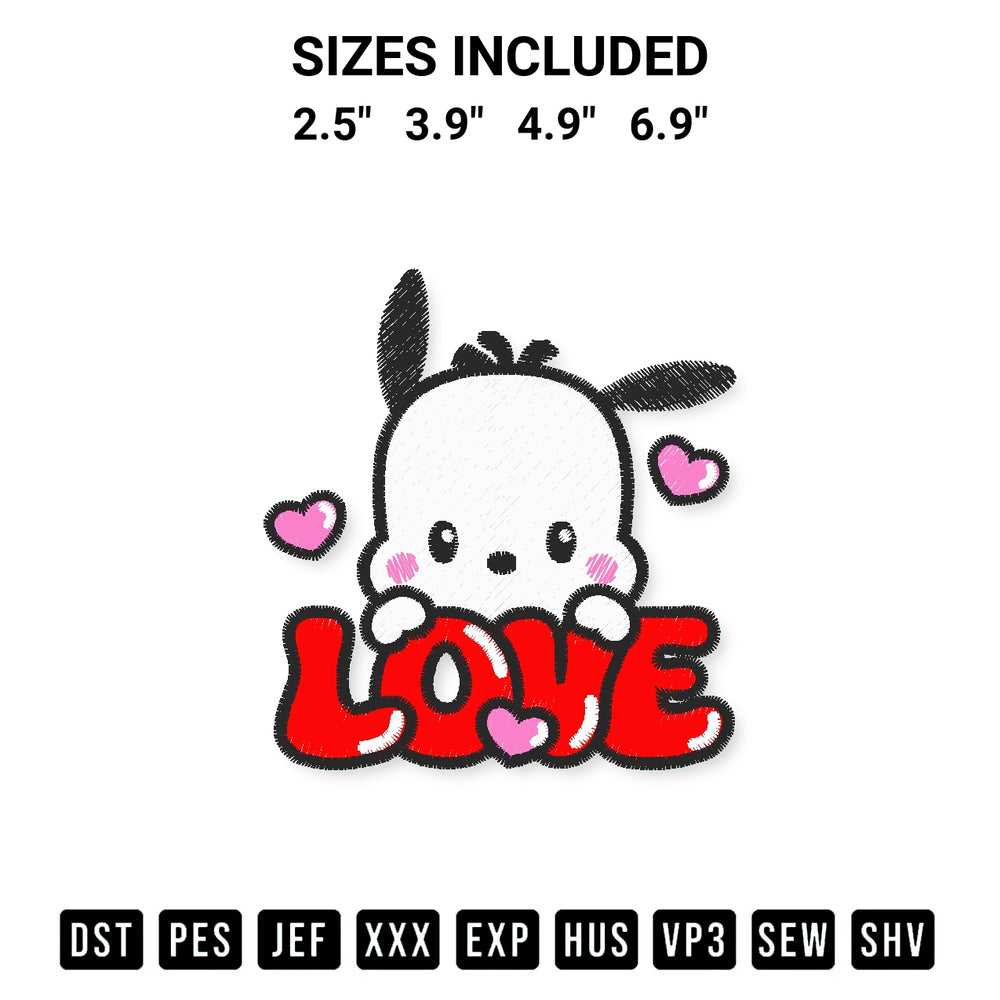Discover the perfect addition to your crafting collection: Love Pochacco Valentine Embroidery Design embroidery file. Instantly available at Designspacks.com. Available sizes: 2.5", 3.9", 4.9", 6.9".