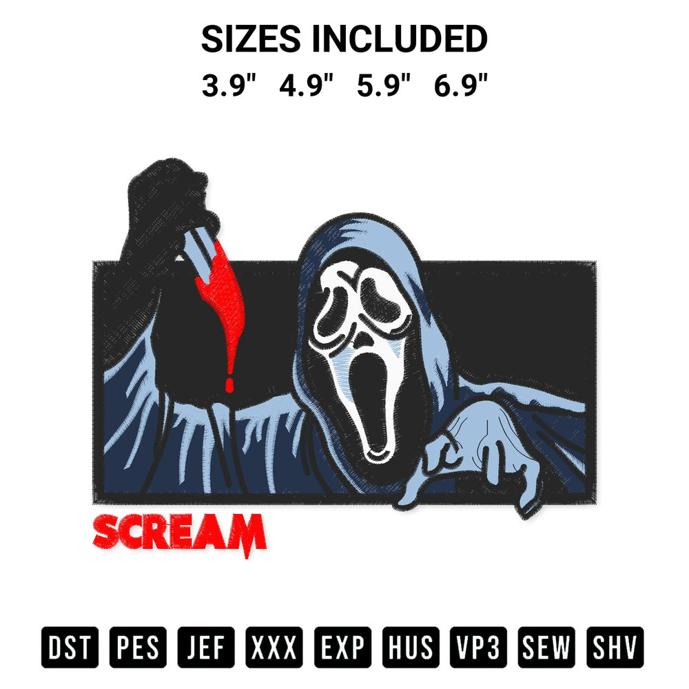 Create amazing crafts with the Ghostface Scream Embroidery Design embroidery file. High-quality digital download from Designspacks.com, perfect for beginners and pros. Available sizes: 3.9", 4.9", 5.9", 6.9".