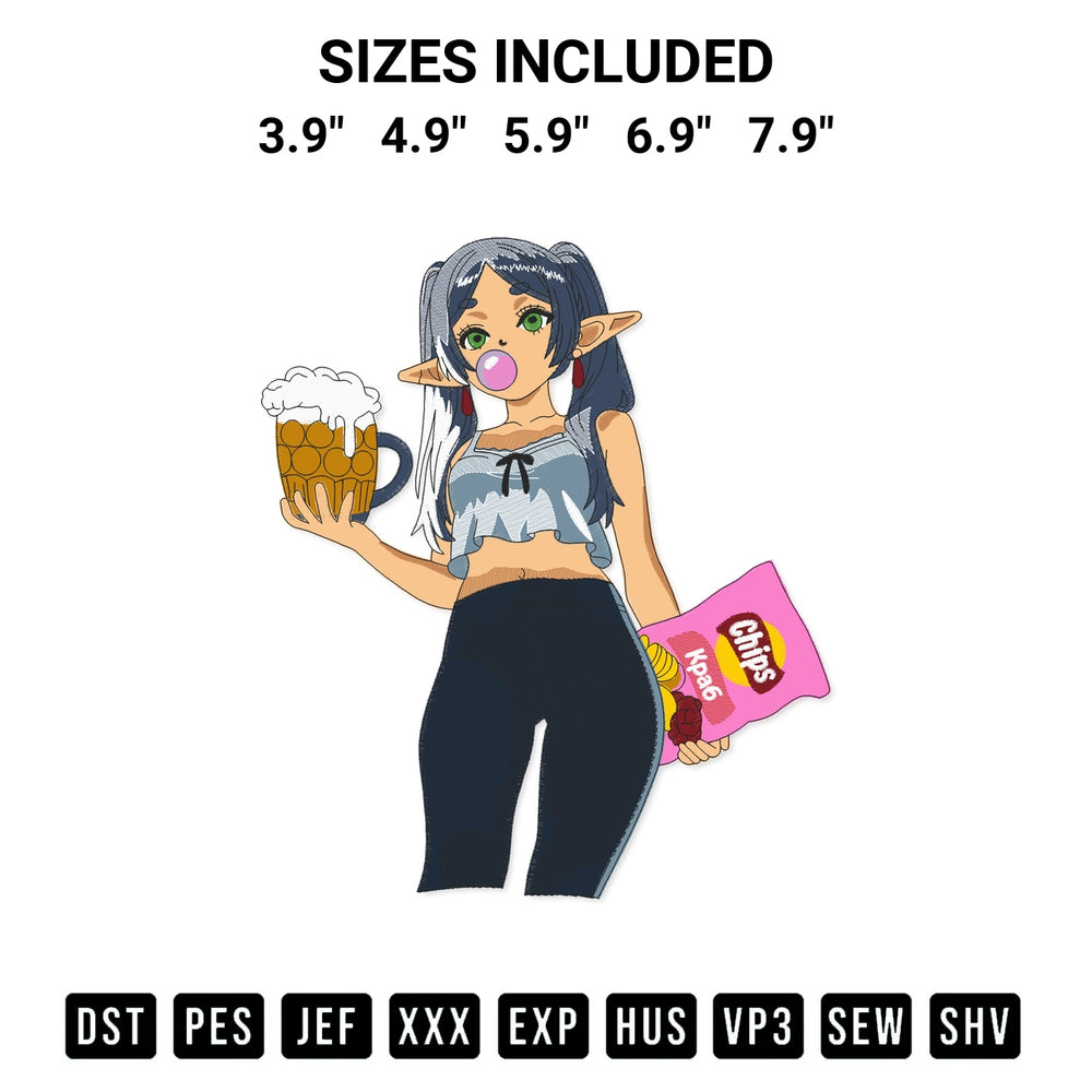 Looking for the perfect pattern? Download the Frieren Holding Beer Mug And Chips Snack Embroidery Design embroidery design today at Designspacks.com. Crisp, clean stitching guaranteed. Available sizes: 3.9", 4.9", 5.9", 6.9", 7.9".