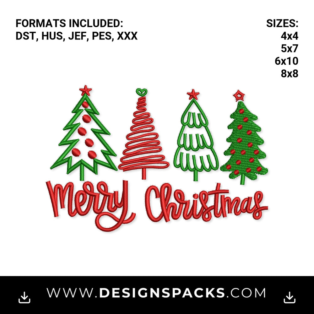 Merry Christmas Whimsical Trees Embroidery Design - Instant digital download pattern at Designspacks.com