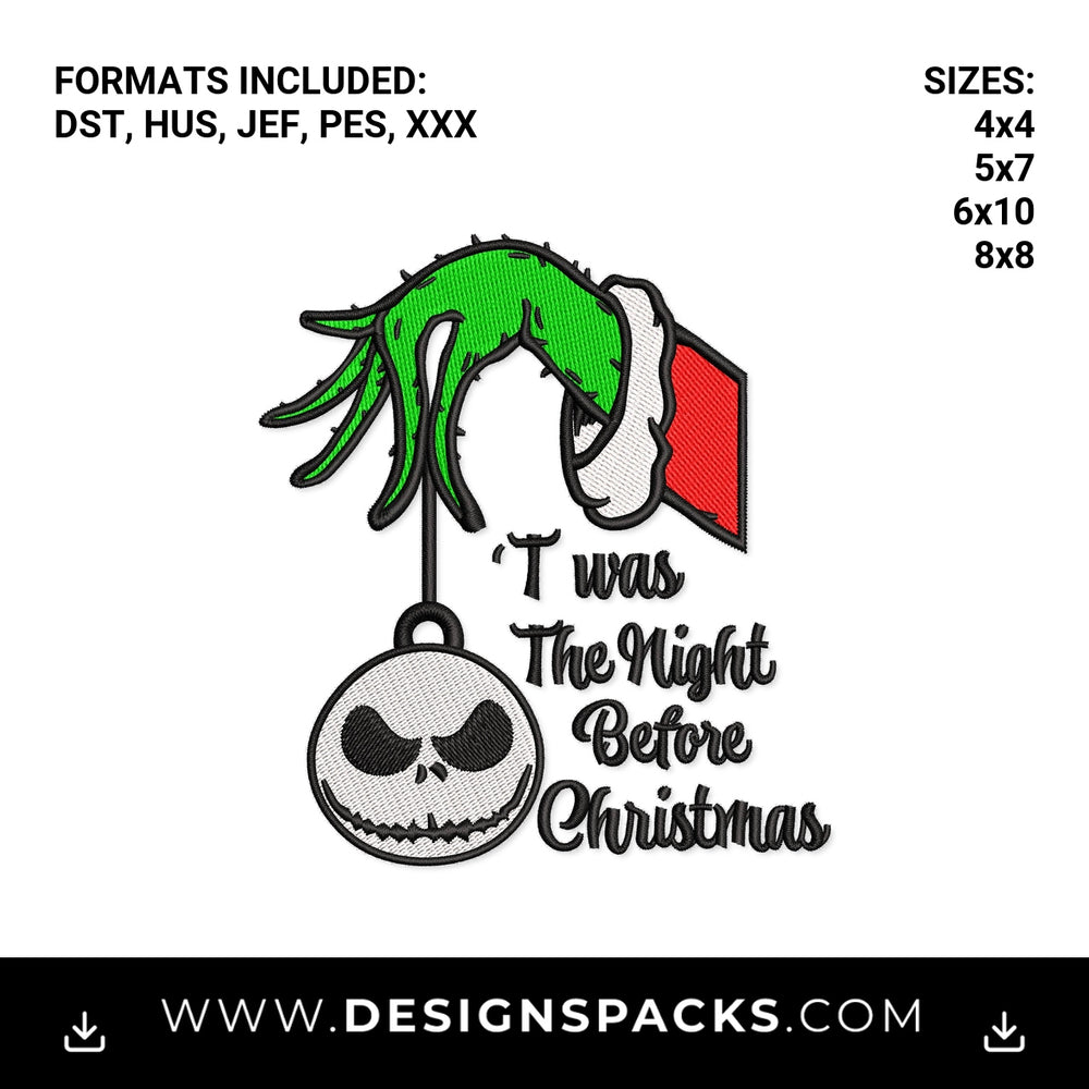 Grinch Hand Jack Skellington Ornament Embroidery Design - Instant digital download pattern at Designspacks.com