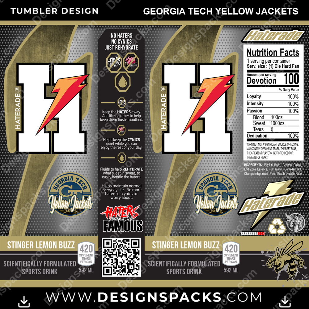 College Sport Haterade Georgia Tech Yellow Jackets NCAA College Sport Tumbler Digital Wrap Design Download