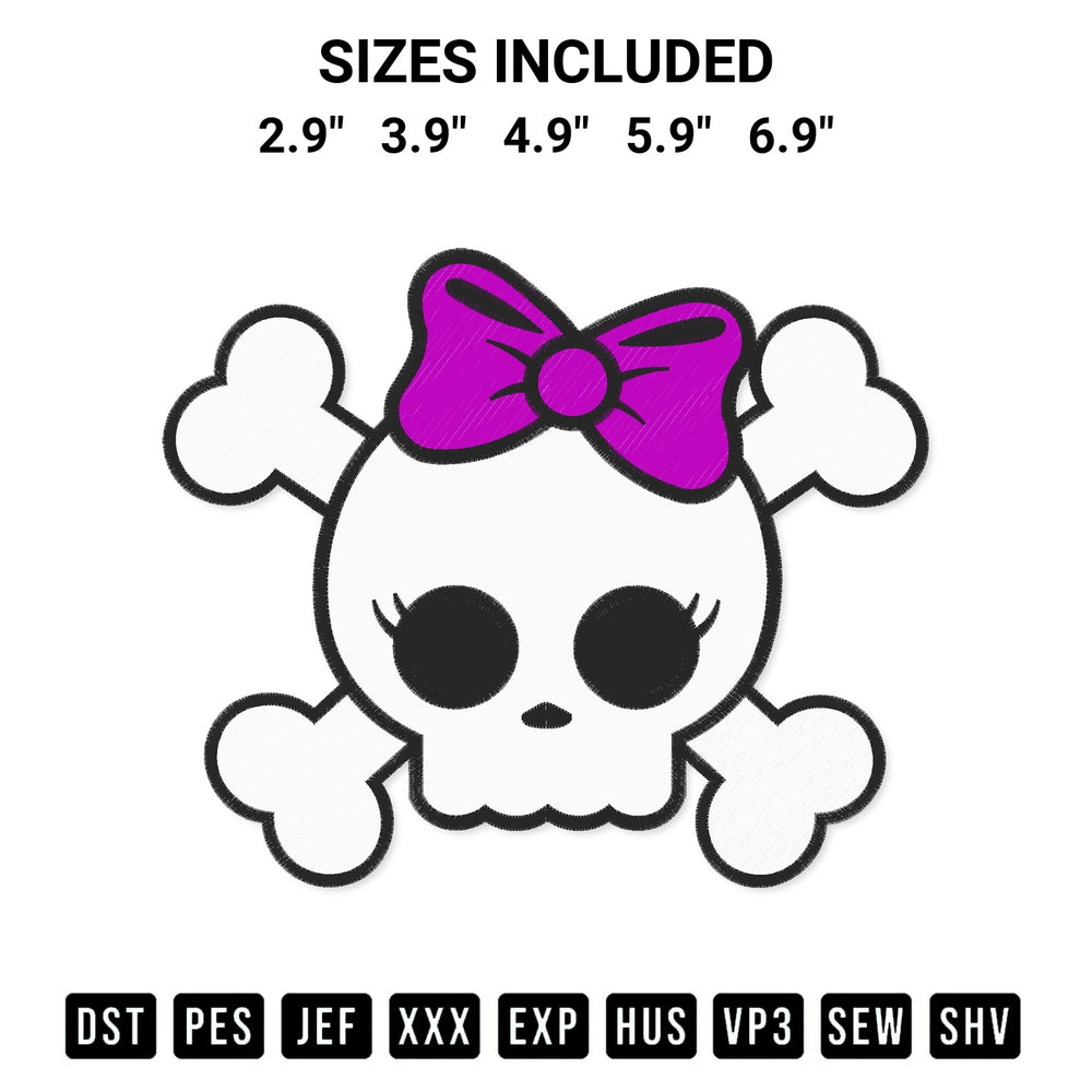Transform your fabrics with the Cute Skull With Bow Embroidery Design embroidery design. Instant access to premium digitized patterns at Designspacks.com. Available sizes: 2.9", 3.9", 4.9", 5.9", 6.9".