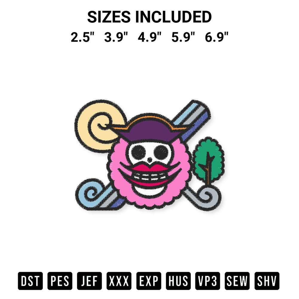Discover the perfect addition to your crafting collection: Big Mom Jolly Roger Embroidery Design embroidery file. Instantly available at Designspacks.com. Available sizes: 2.5", 3.9", 4.9", 5.9", 6.9".