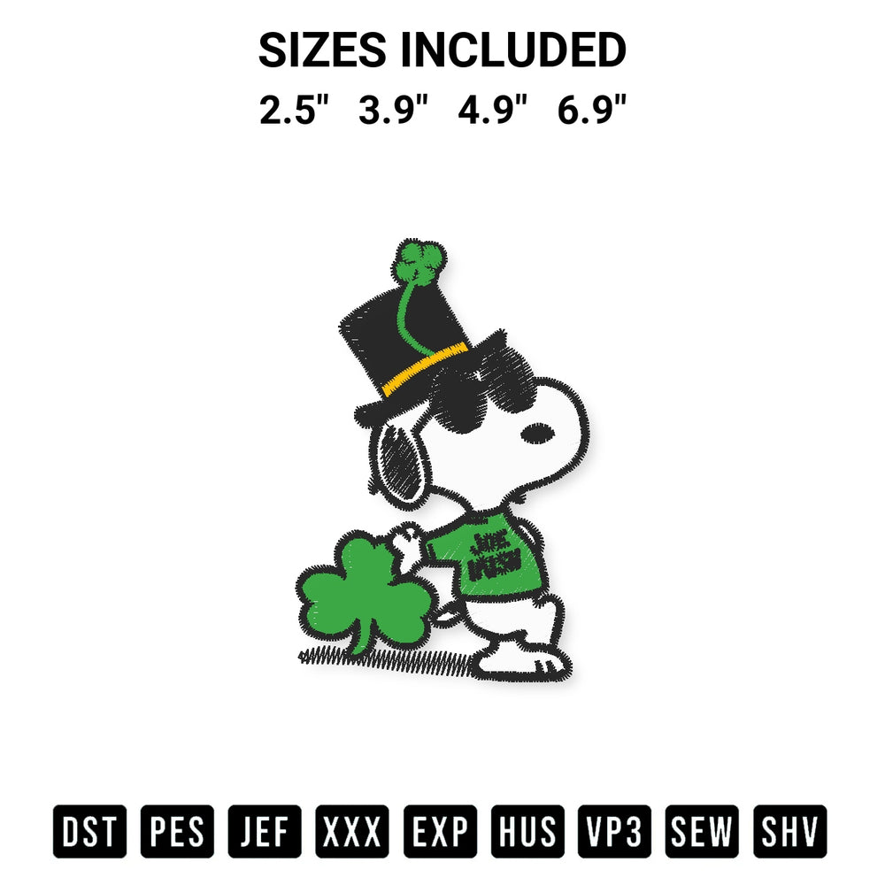 Stitch like a pro with the Snoopy Joe Cool St Patricks Day Embroidery Design embroidery pattern from Designspacks.com. High-quality digital machine embroidery file. Available sizes: 2.5", 3.9", 4.9", 6.9".