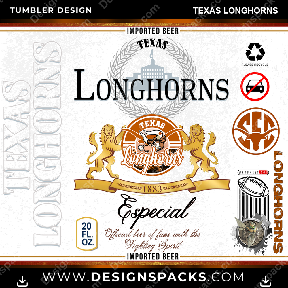 College Sport Modelo Texas Longhorns Tumbler Digital Wrap Design