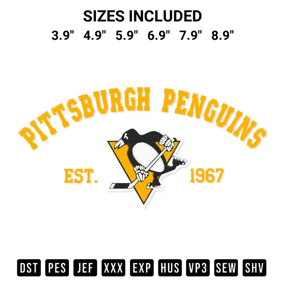 Create amazing crafts with the Pittsburgh Penguins Est 1967 Embroidery Design embroidery file. High-quality digital download from Designspacks.com, perfect for beginners and pros. Available sizes: 3.9", 4.9", 5.9", 6.9", 7.9", 8.9".