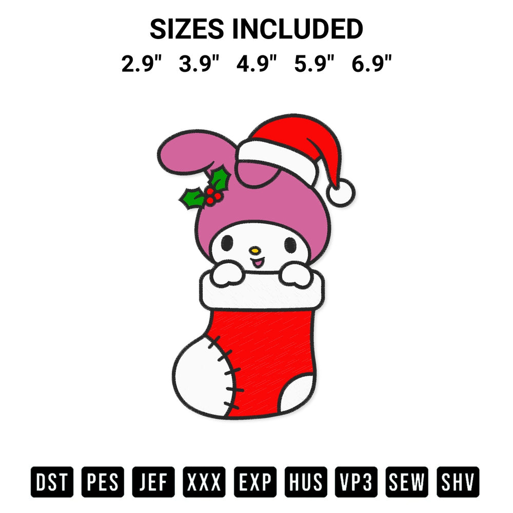 Download the My Melody In Stocking Christmas Embroidery Design machine embroidery design exclusively at Designspacks.com. Premium digitized pattern for apparel and DIY crafts. Available sizes: 2.9", 3.9", 4.9", 5.9", 6.9".