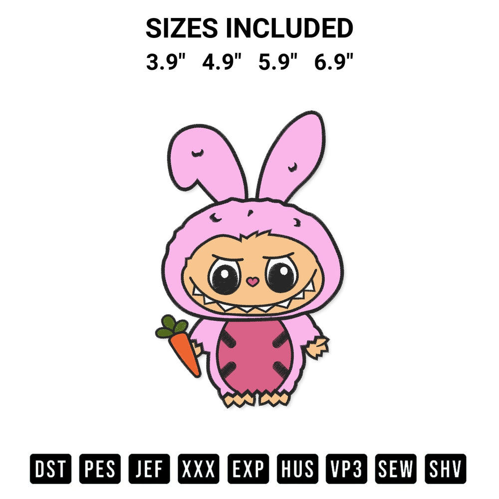 Get the Labubu Easter Bunny Embroidery Design embroidery design for your custom crafts! Premium digitized files available for instant download at Designspacks.com. Available sizes: 3.9", 4.9", 5.9", 6.9".