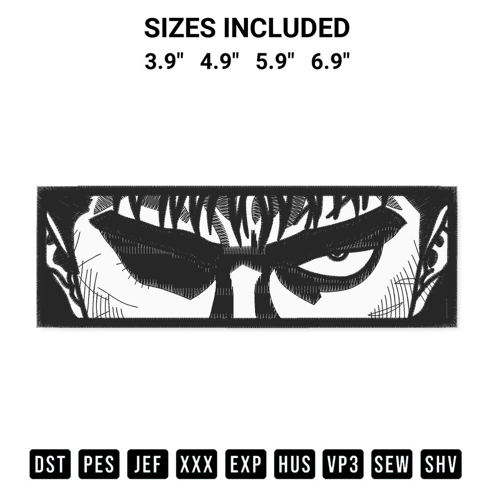 Create amazing crafts with the Berserk Eyes Anime Embroidery Design embroidery file. High-quality digital download from Designspacks.com, perfect for beginners and pros. Available sizes: 3.9", 4.9", 5.9", 6.9".
