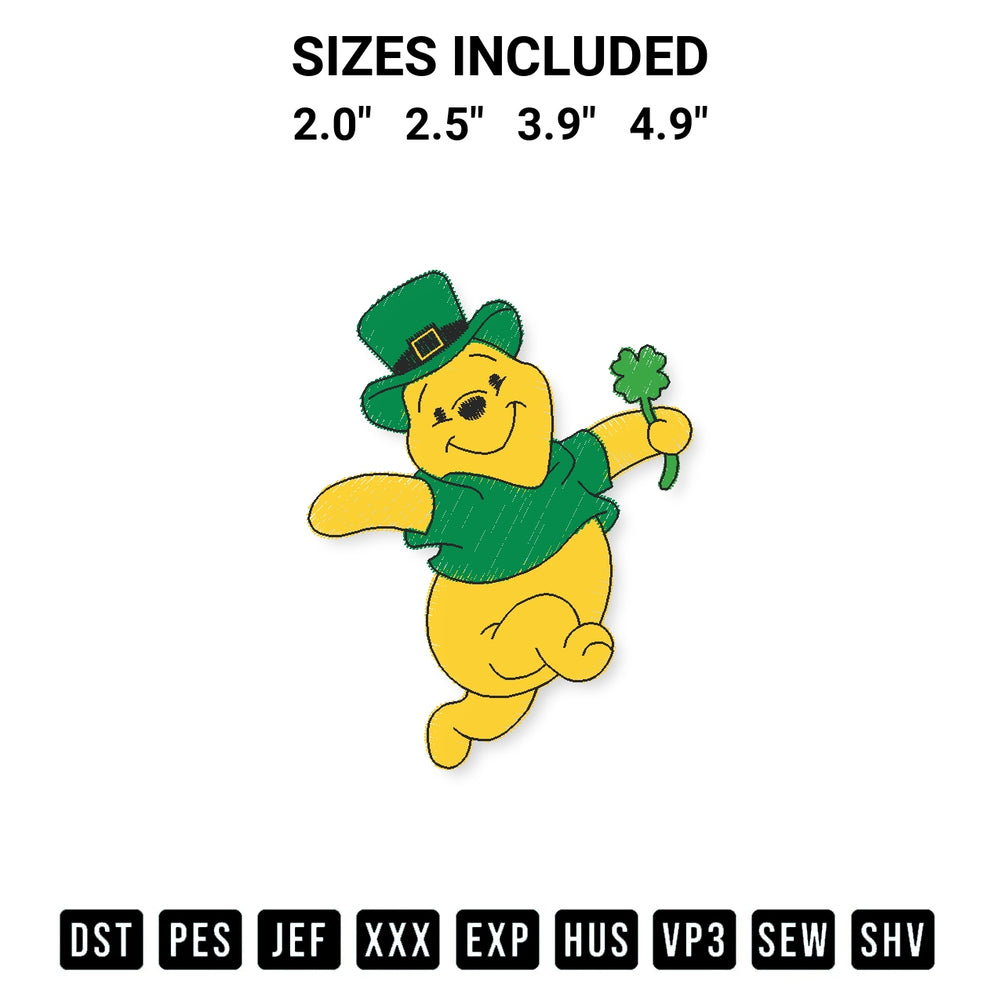 Stitch like a pro with the Winnie The Pooh St Patricks Embroidery Design embroidery pattern from Designspacks.com. High-quality digital machine embroidery file. Available sizes: 2.0", 2.5", 3.9", 4.9".