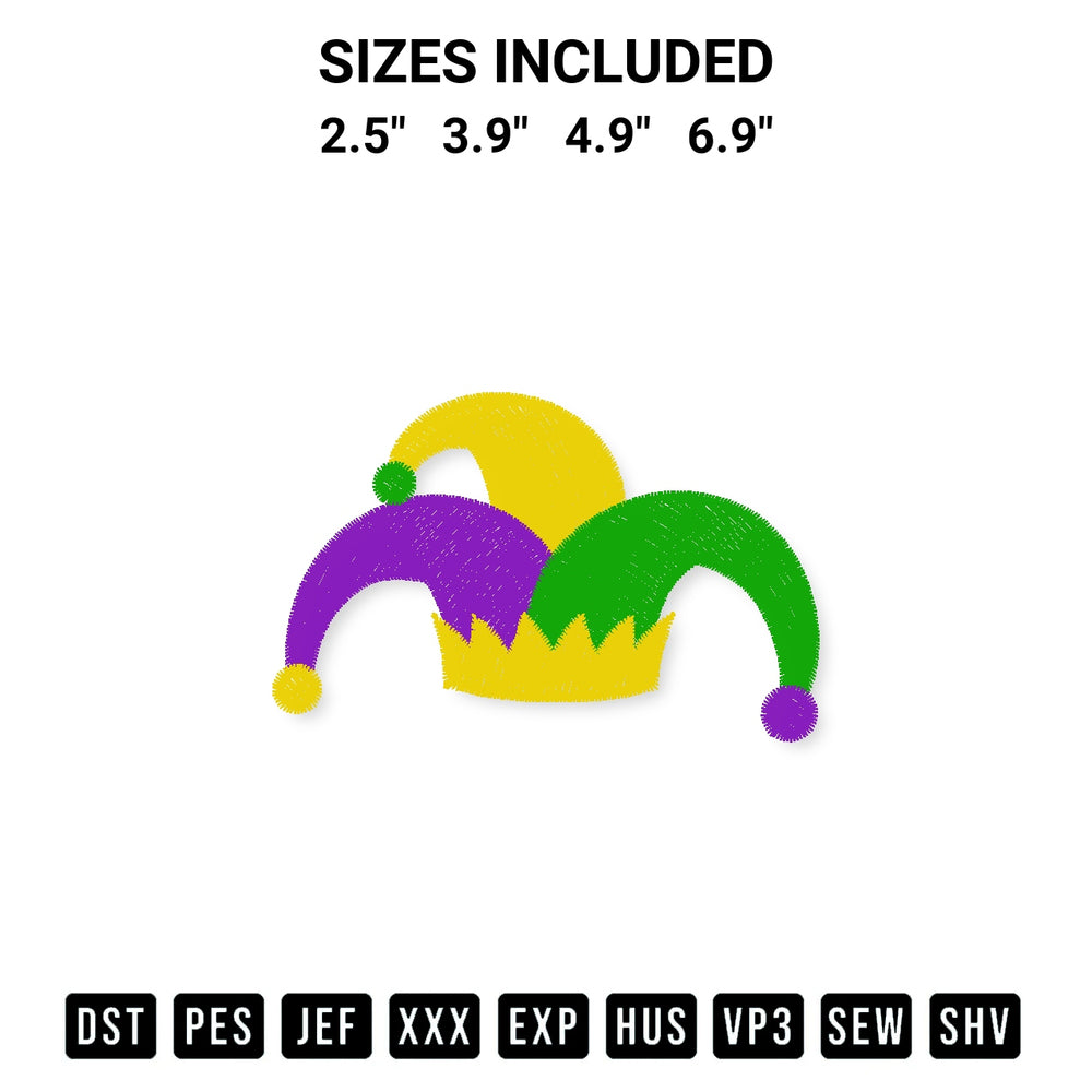 Discover the perfect addition to your crafting collection: Mardi Gras Jester Hat Embroidery Design embroidery file. Instantly available at Designspacks.com. Available sizes: 2.5", 3.9", 4.9", 6.9".
