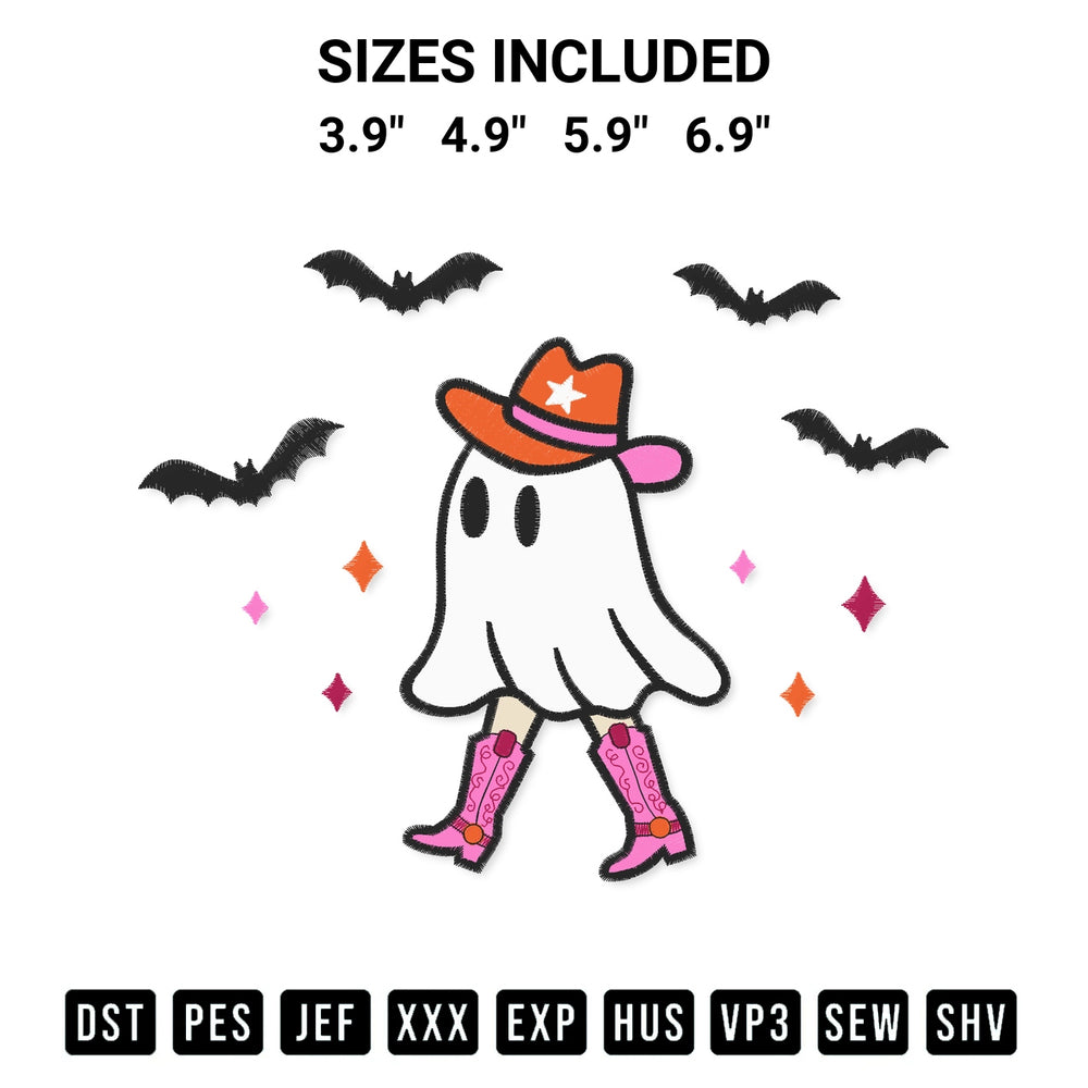 Download the Cowgirl Ghost Halloween Embroidery Design machine embroidery design exclusively at Designspacks.com. Premium digitized pattern for apparel and DIY crafts. Available sizes: 3.9", 4.9", 5.9", 6.9".