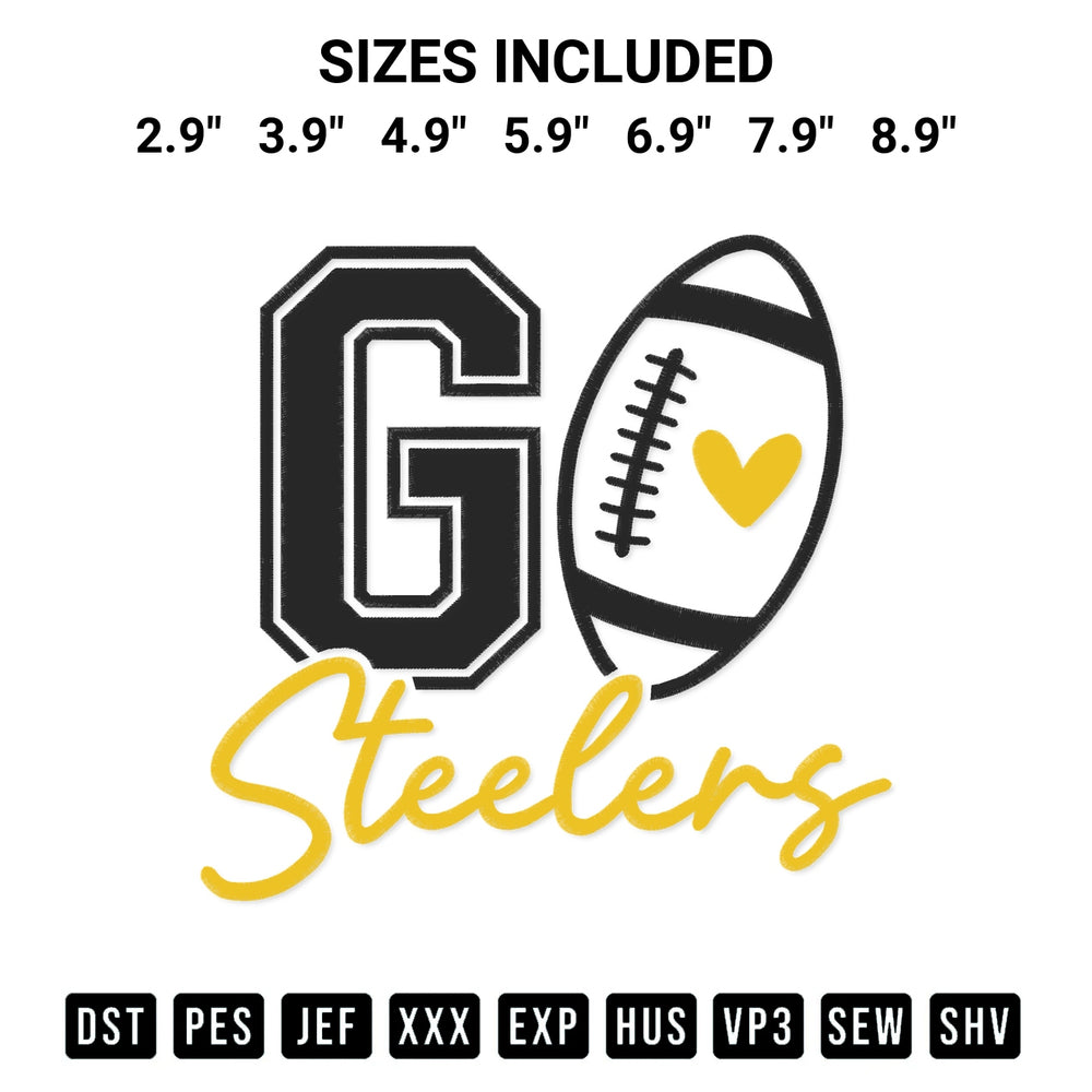 Discover the perfect addition to your crafting collection: Go Steelers Football Embroidery Design embroidery file. Instantly available at Designspacks.com. Available sizes: 2.9", 3.9", 4.9", 5.9", 6.9", 7.9", 8.9".