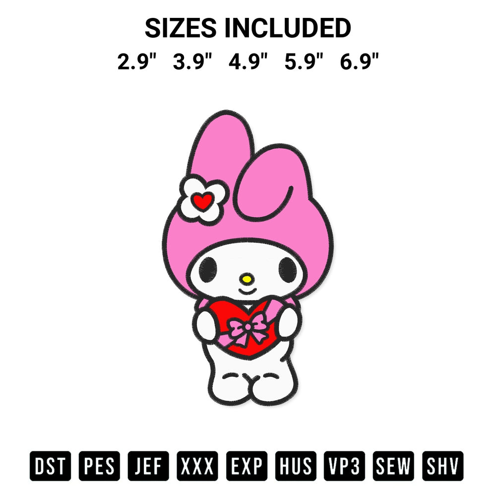 Looking for the perfect pattern? Download the My Melody Holding Gift Heart Embroidery Design embroidery design today at Designspacks.com. Crisp, clean stitching guaranteed. Available sizes: 2.9", 3.9", 4.9", 5.9", 6.9".