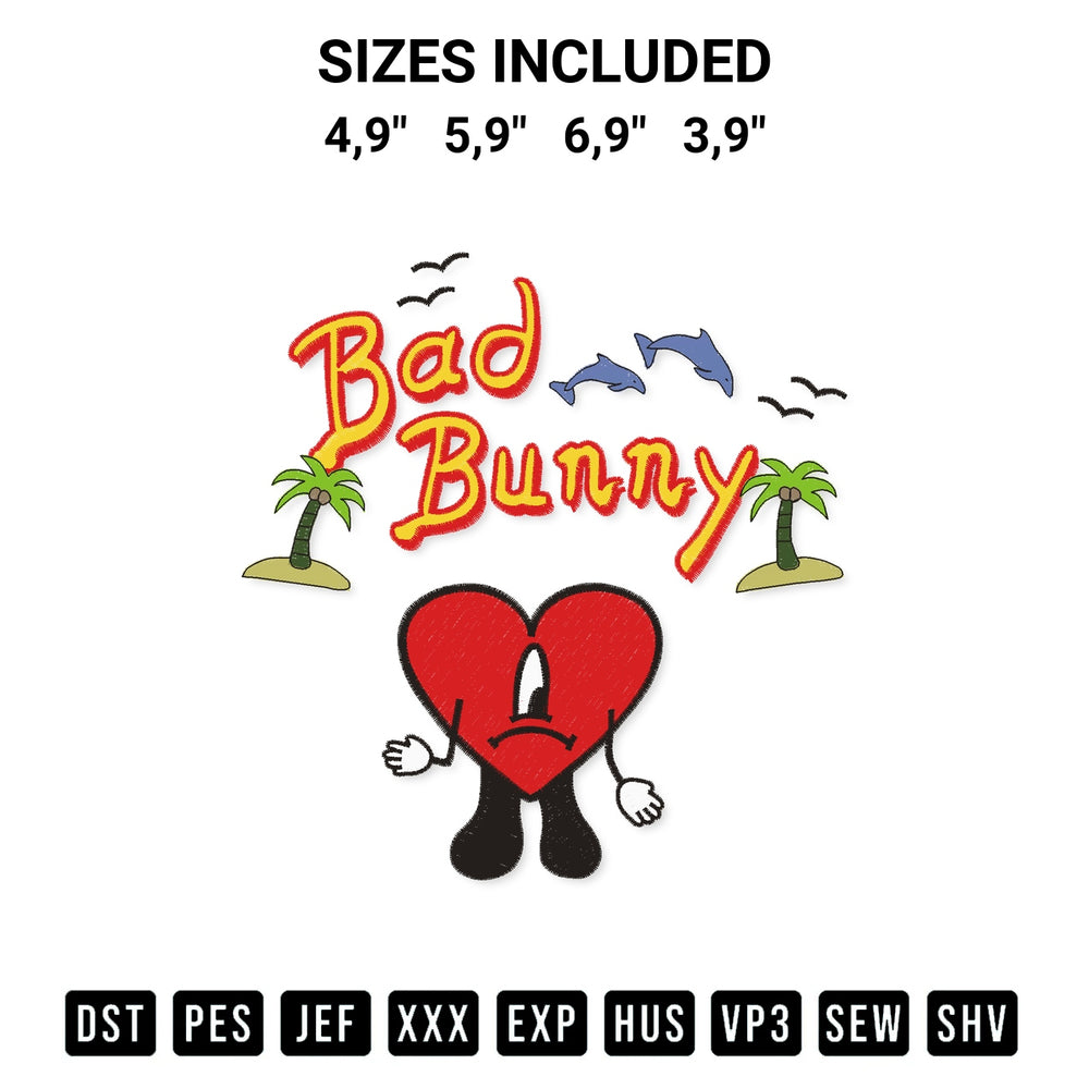 Create amazing crafts with the Bad Bunny Sad Heart Valentines Worlds Hottest Tour Logo Embroidery Design embroidery file. High-quality digital download from Designspacks.com, perfect for beginners and pros. Available sizes: 4,9", 5,9", 6,9", 3,9".