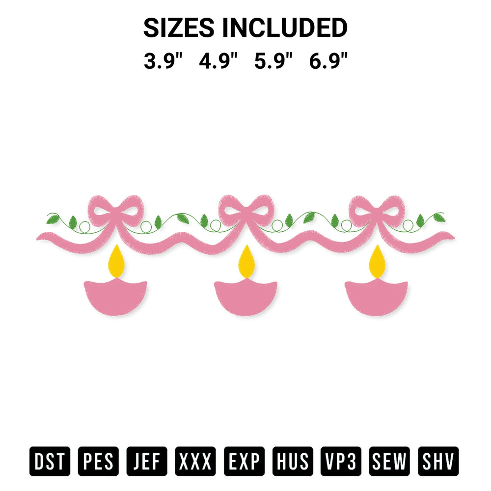 Looking for the perfect pattern? Download the Ribbon And Oil Lamp Diwali Embroidery Design embroidery design today at Designspacks.com. Crisp, clean stitching guaranteed. Available sizes: 3.9", 4.9", 5.9", 6.9".