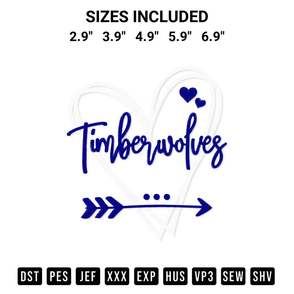 Stitch like a pro with the Minnesota Timberwolves Heart Embroidery Design embroidery pattern from Designspacks.com. High-quality digital machine embroidery file. Available sizes: 2.9", 3.9", 4.9", 5.9", 6.9".
