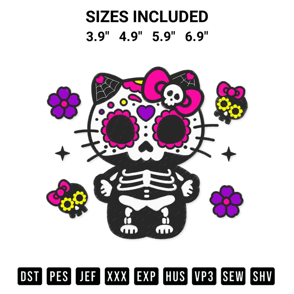 Download the Day Of The Dead Hello Kitty Embroidery Design machine embroidery design exclusively at Designspacks.com. Premium digitized pattern for apparel and DIY crafts. Available sizes: 3.9", 4.9", 5.9", 6.9".