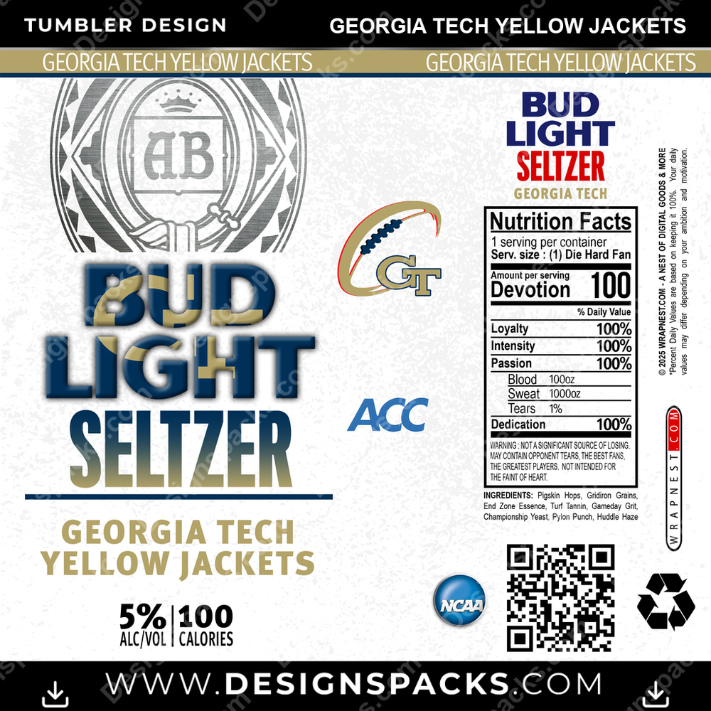 College Sport Bud Light Seltzer Georgia Tech Yellow Jackets NCAA College Sport Tumbler Digital Wrap Design Download
