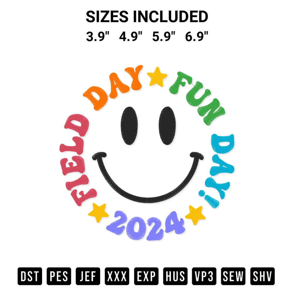 Get the Field Day Fun Day 2024 Embroidery Design embroidery design for your custom crafts! Premium digitized files available for instant download at Designspacks.com. Available sizes: 3.9", 4.9", 5.9", 6.9".