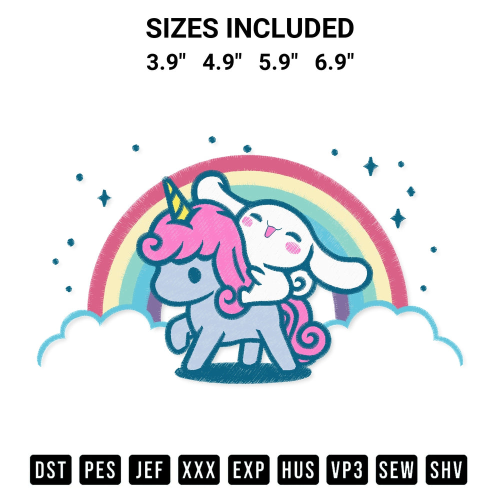 Stitch like a pro with the Cinnamoroll Rainbow Unicorn Embroidery Design embroidery pattern from Designspacks.com. High-quality digital machine embroidery file. Available sizes: 3.9", 4.9", 5.9", 6.9".