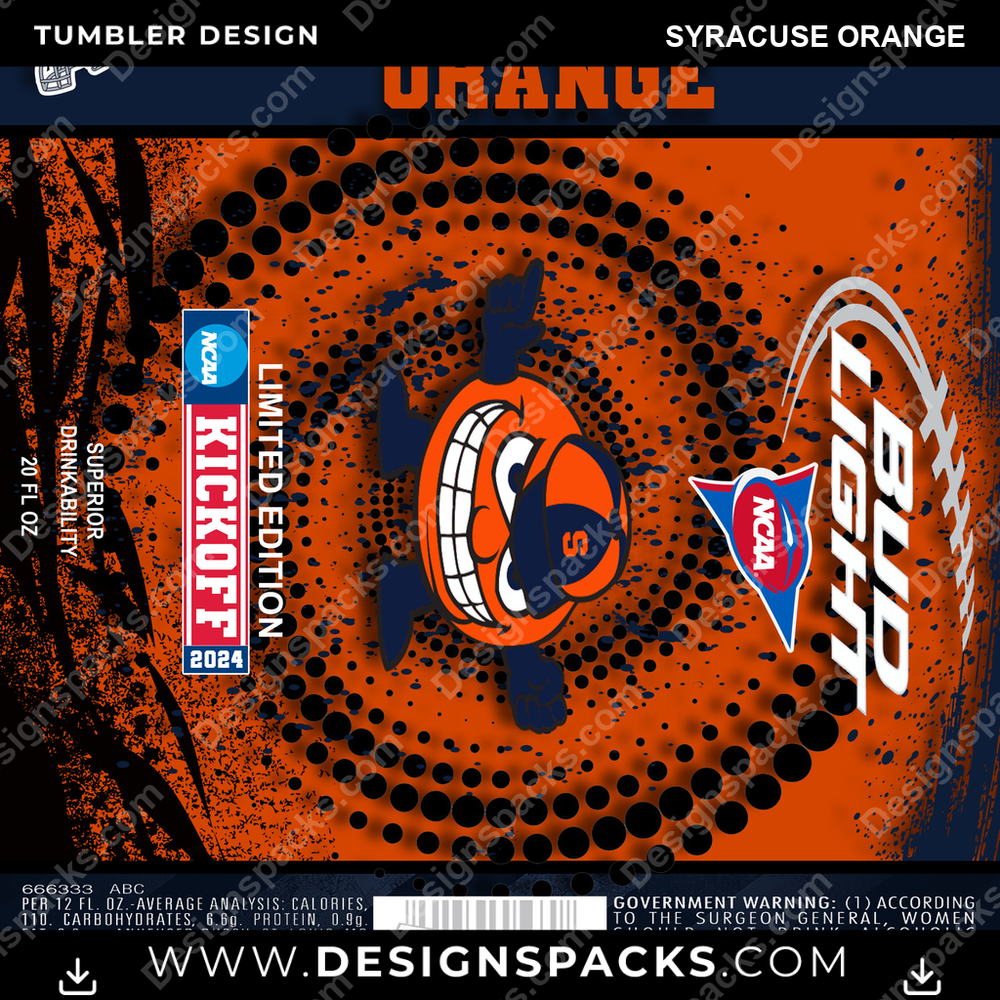 College Sport Bud Syracuse Orange Tumbler Digital Wrap Design