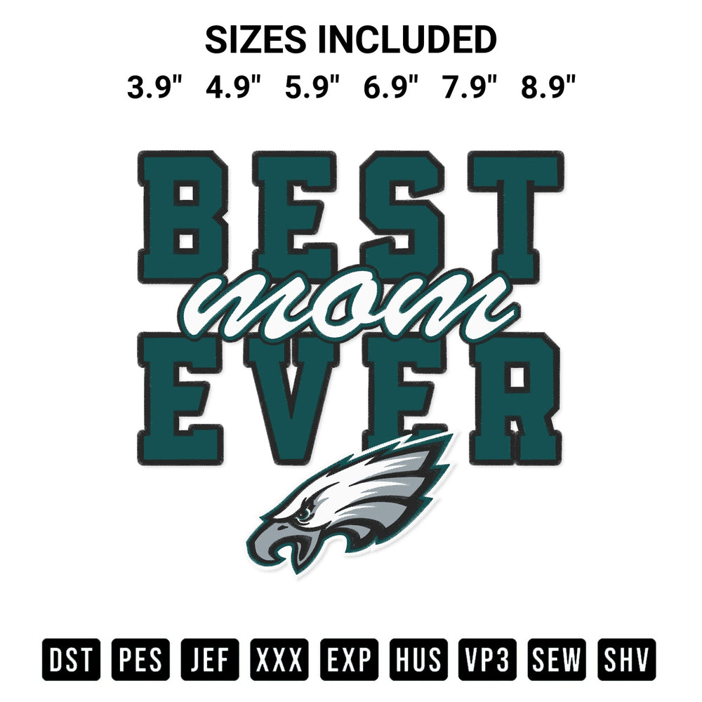 Download the Philadelphia Eagles Best Mom Ever Stacked Embroidery Design machine embroidery design exclusively at Designspacks.com. Premium digitized pattern for apparel and DIY crafts. Available sizes: 3.9", 4.9", 5.9", 6.9", 7.9", 8.9".