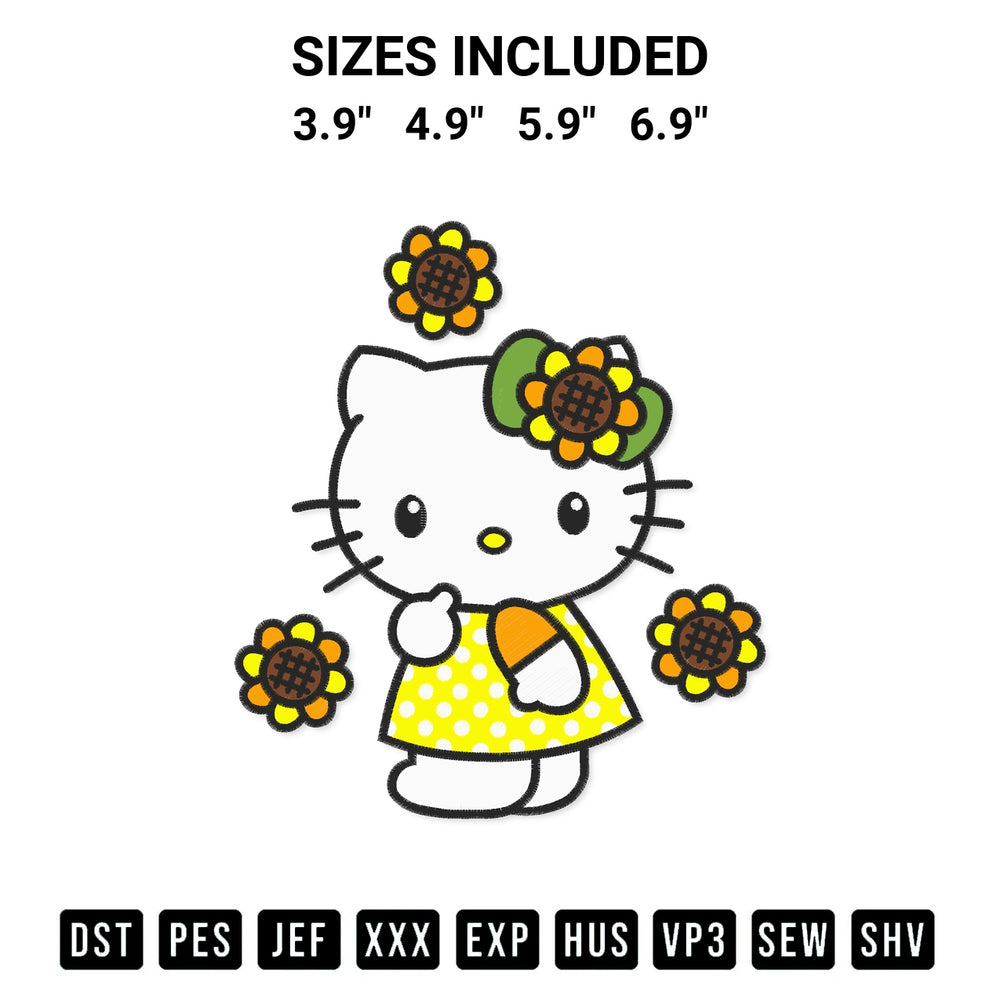 Elevate your next project with our Sunflower Hello Kitty Embroidery Design embroidery file. Shop high-quality digital patterns instantly at Designspacks.com. Available sizes: 3.9", 4.9", 5.9", 6.9".