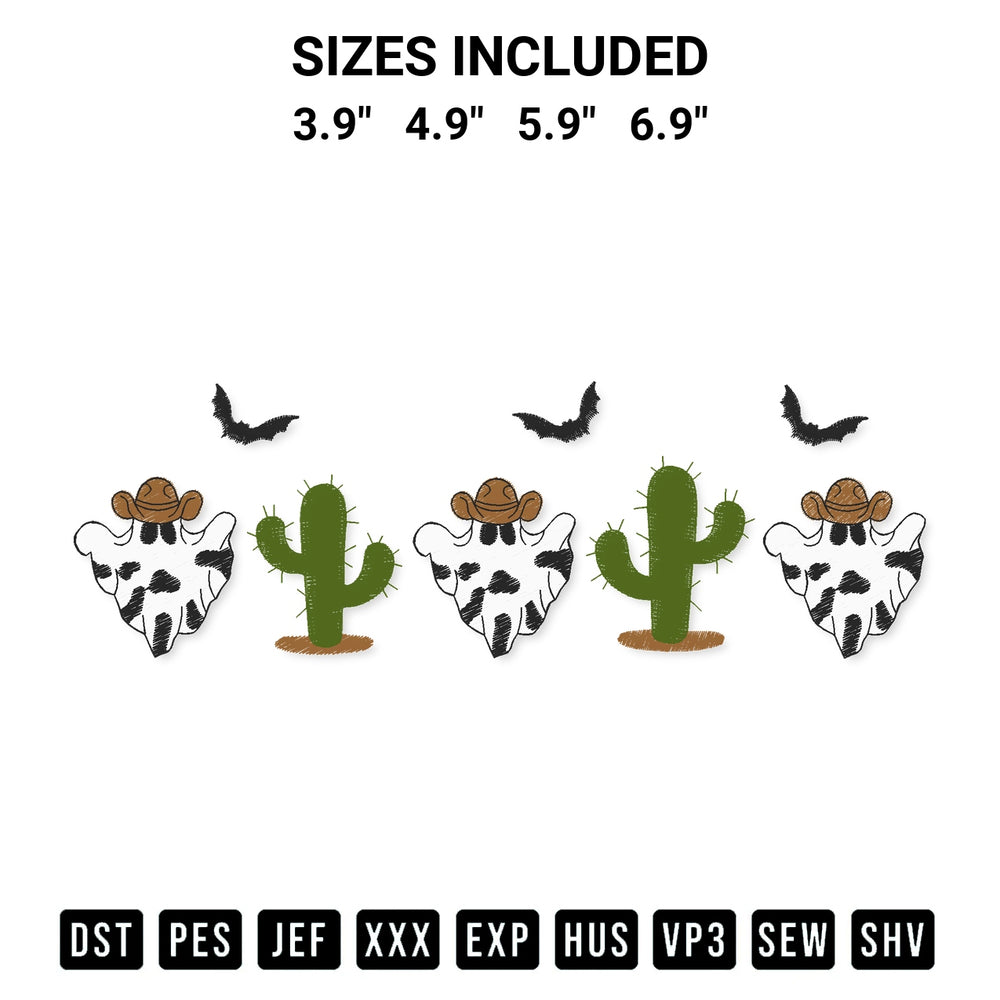 Create amazing crafts with the Cowboy Ghost Cow Embroidery Design embroidery file. High-quality digital download from Designspacks.com, perfect for beginners and pros. Available sizes: 3.9", 4.9", 5.9", 6.9".