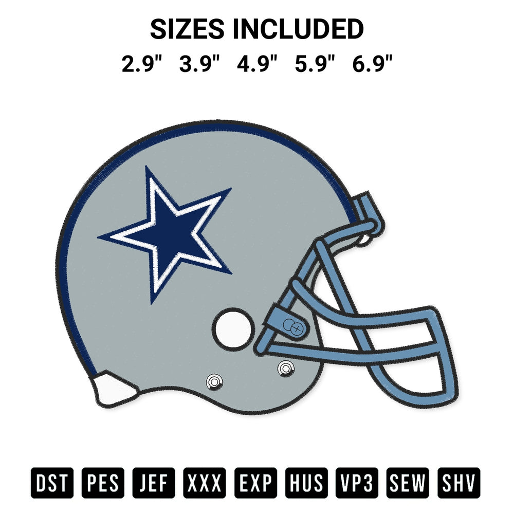 Get the Dallas Cowboys Helmet Embroidery Design embroidery design for your custom crafts! Premium digitized files available for instant download at Designspacks.com. Available sizes: 2.9", 3.9", 4.9", 5.9", 6.9".