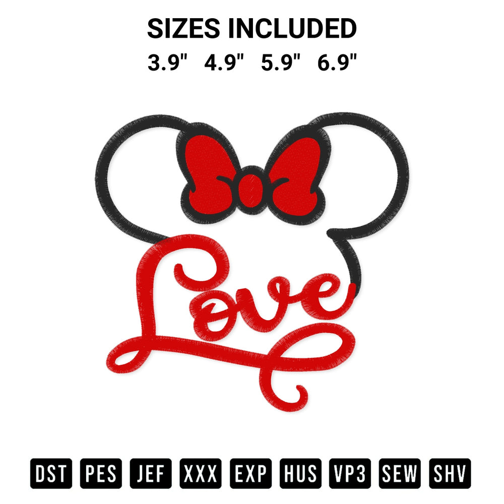 Create amazing crafts with the Love Minnie Mouse Embroidery Design embroidery file. High-quality digital download from Designspacks.com, perfect for beginners and pros. Available sizes: 3.9", 4.9", 5.9", 6.9".