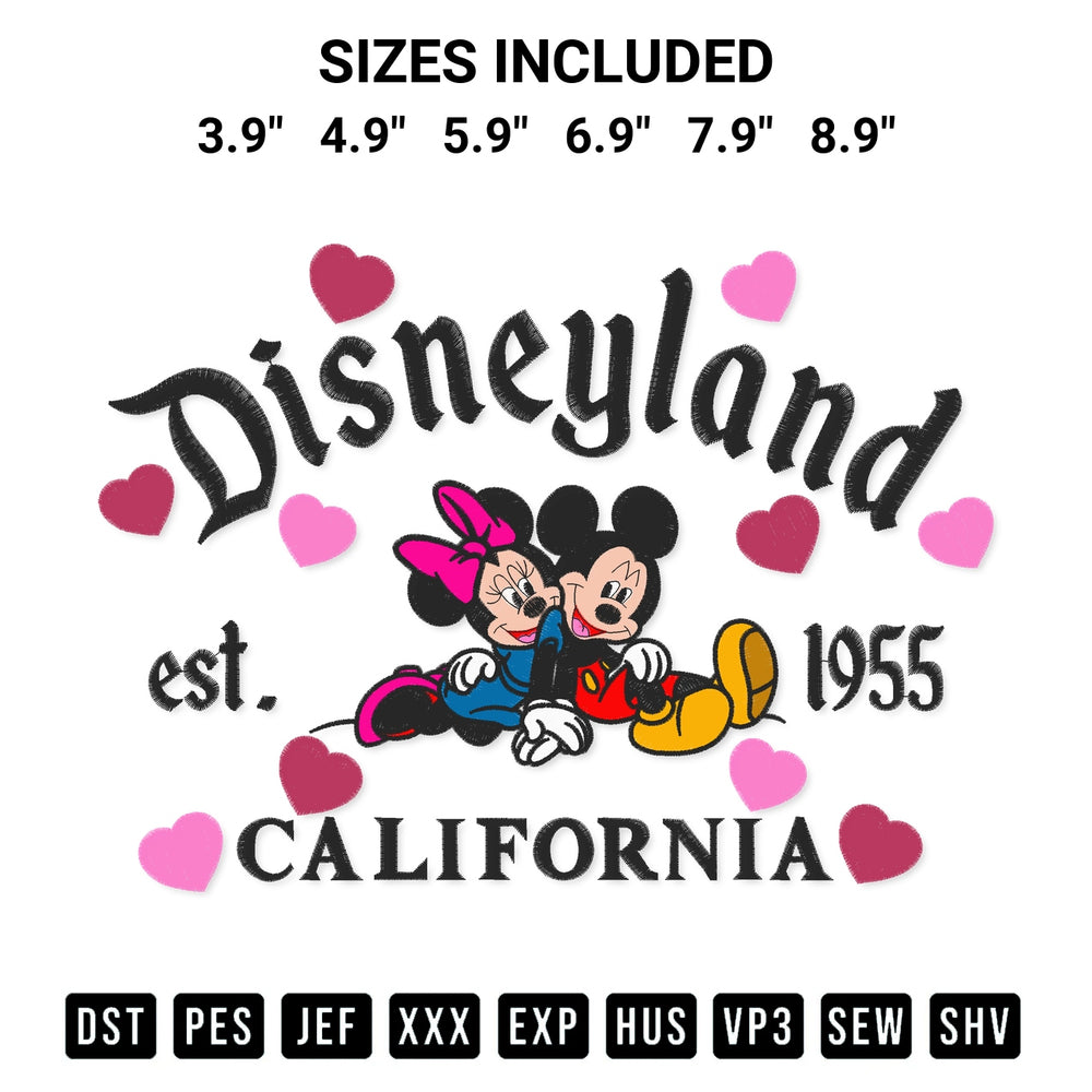 Add a unique touch to your apparel with the Disneyland Mickey Minnie California 1955 Embroidery Design embroidery file. Premium instant download available now on Designspacks.com. Available sizes: 3.9", 4.9", 5.9", 6.9", 7.9", 8.9".