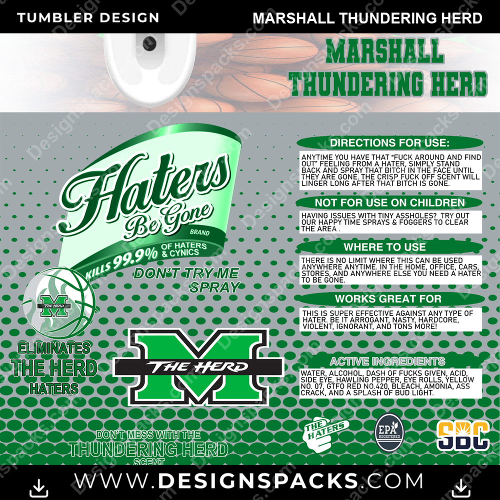 College Sport Hates Be Gone (MBB) Marshall Thundering Herd Tumbler Digital Wrap Design