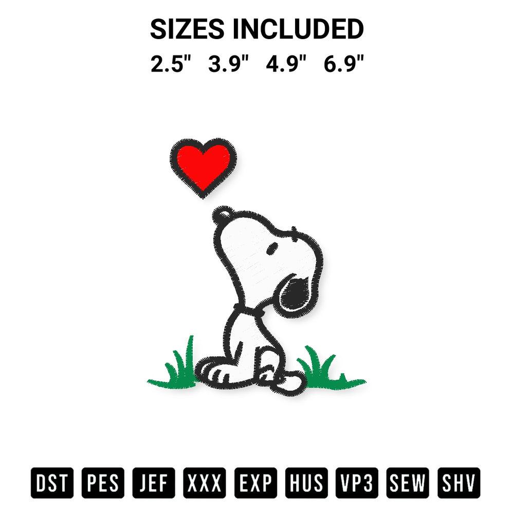 Create amazing crafts with the Peanuts Snoopy Heart Valentine Embroidery Design embroidery file. High-quality digital download from Designspacks.com, perfect for beginners and pros. Available sizes: 2.5", 3.9", 4.9", 6.9".