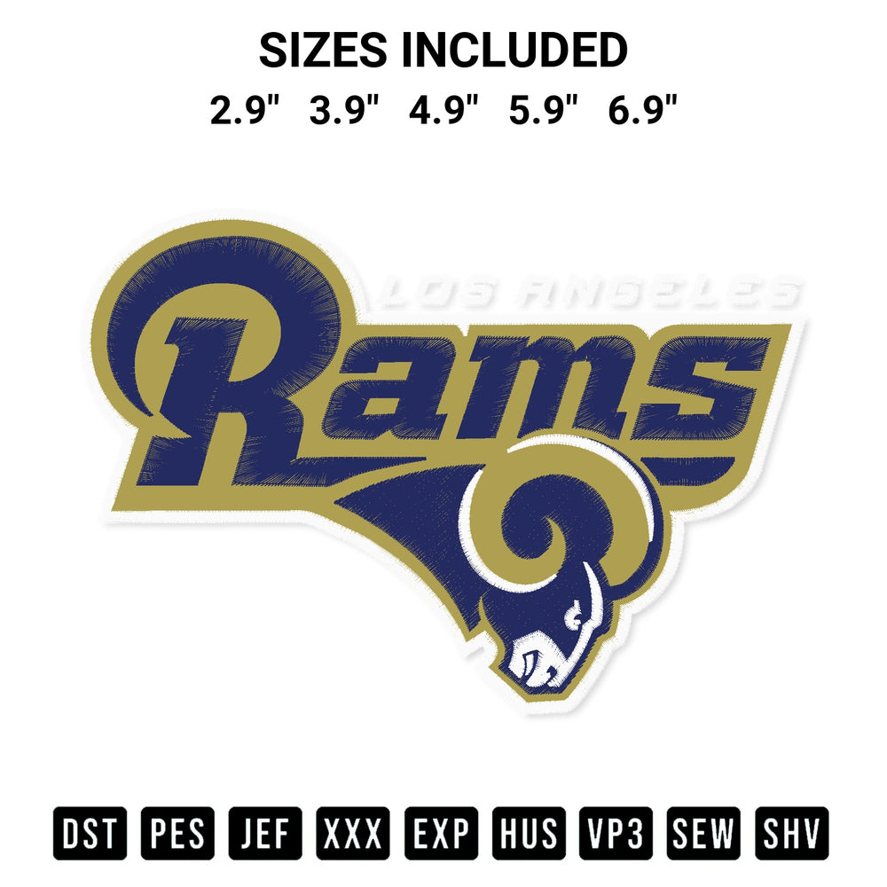 Discover the perfect addition to your crafting collection: Los Angeles Rams Logo Sport Embroidery Design embroidery file. Instantly available at Designspacks.com. Available sizes: 2.9", 3.9", 4.9", 5.9", 6.9".