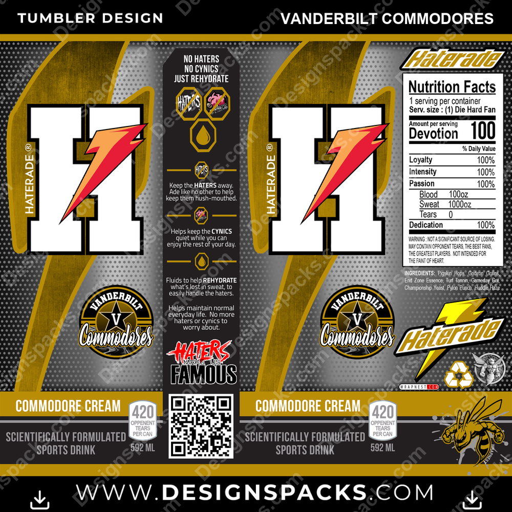 College Sport Haterade Vanderbilt Commodores Tumbler Digital Wrap Design