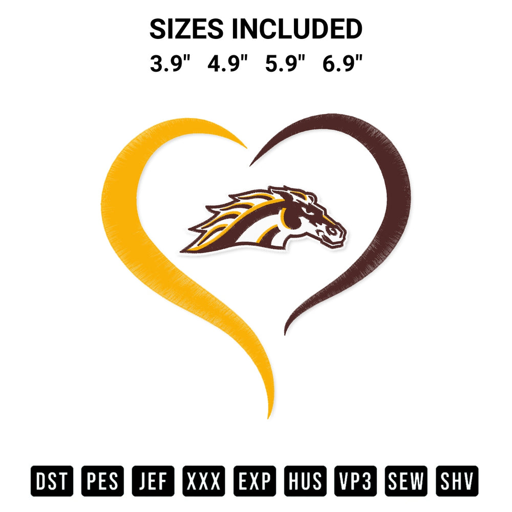Shop the Western Michigan Broncos Heart Embroidery Design machine embroidery pattern at Designspacks.com. Beautifully digitized for flawless stitching on any fabric. Available sizes: 3.9", 4.9", 5.9", 6.9".