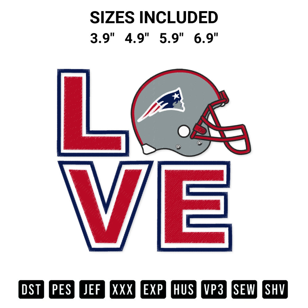 Add a unique touch to your apparel with the Love New England Patriots Helmet Embroidery Design embroidery file. Premium instant download available now on Designspacks.com. Available sizes: 3.9", 4.9", 5.9", 6.9".
