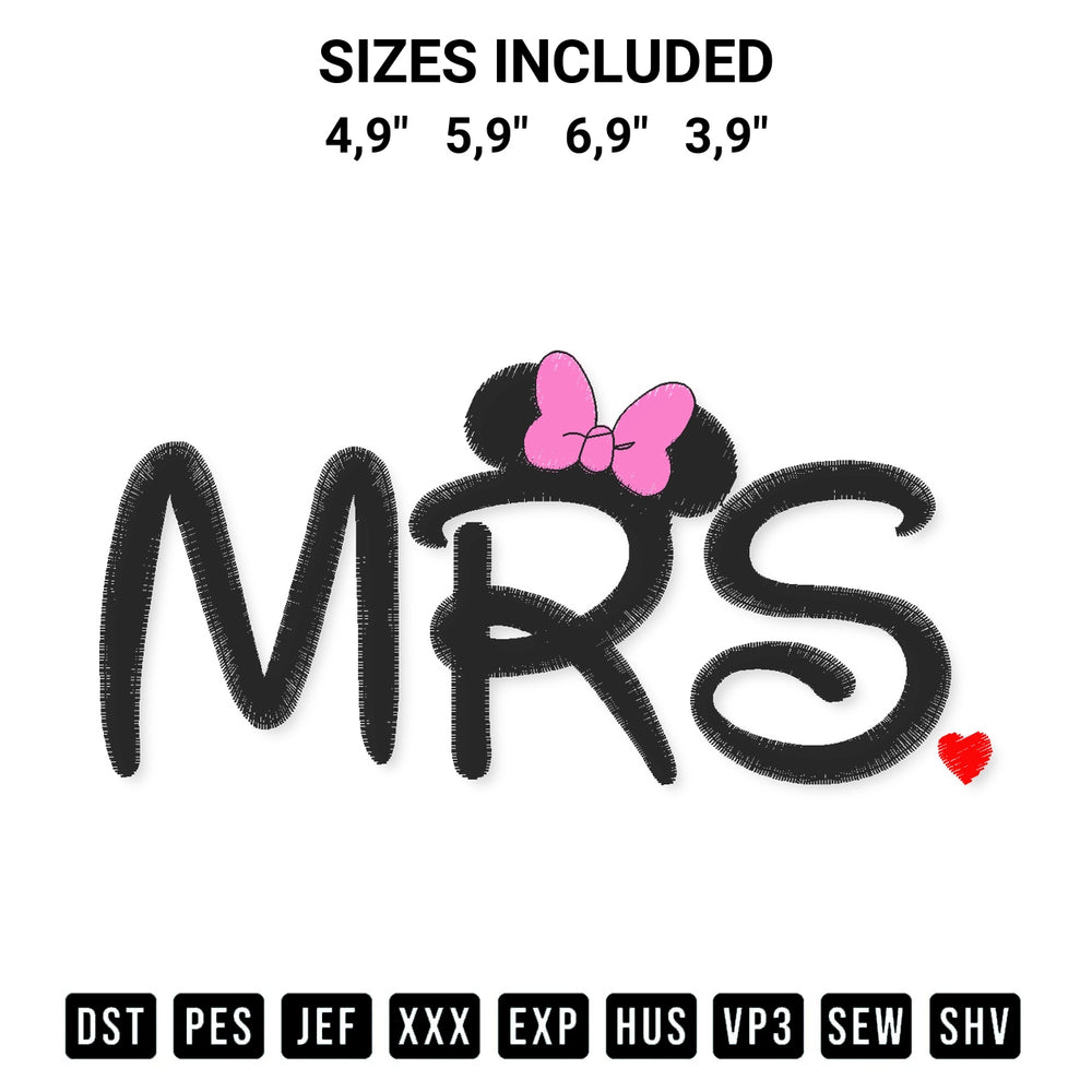 Discover the perfect addition to your crafting collection: Mrs Disney Logo Embroidery Design embroidery file. Instantly available at Designspacks.com. Available sizes: 4,9", 5,9", 6,9", 3,9".