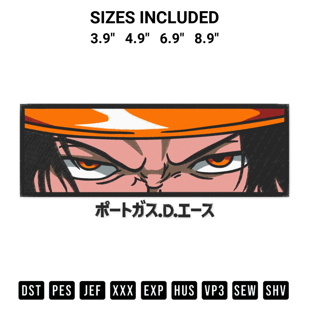 Add a unique touch to your apparel with the Portgas D. Ace Eyes Embroidery Design embroidery file. Premium instant download available now on Designspacks.com. Available sizes: 3.9", 4.9", 6.9", 8.9".