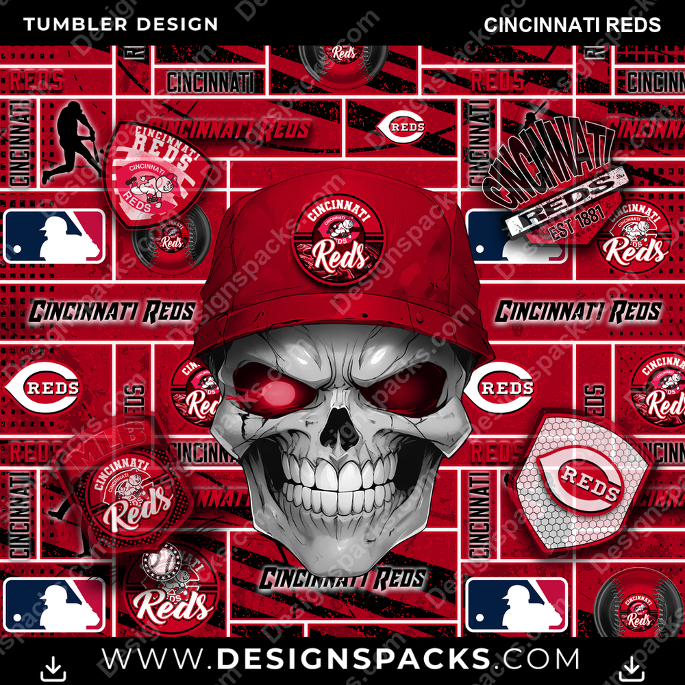 Baseball Skull Cincinnati Reds Tumbler Digital Wrap Design