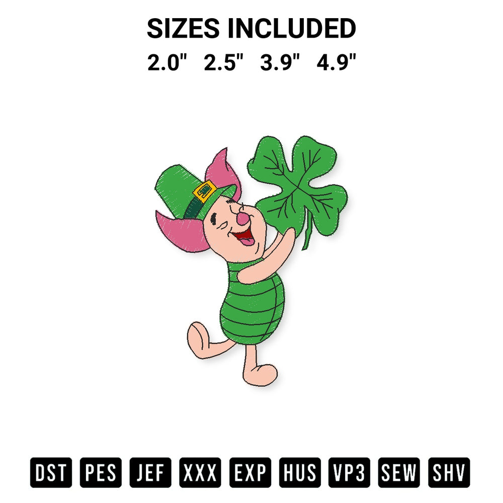 Stitch like a pro with the Piglet St Patricks Day Embroidery Design embroidery pattern from Designspacks.com. High-quality digital machine embroidery file. Available sizes: 2.0", 2.5", 3.9", 4.9".