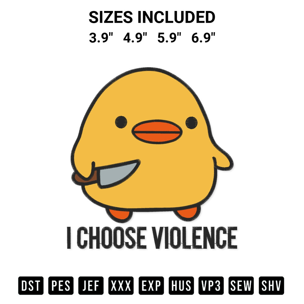Looking for the perfect pattern? Download the Choose Violence Duck Knife Embroidery Design embroidery design today at Designspacks.com. Crisp, clean stitching guaranteed. Available sizes: 3.9", 4.9", 5.9", 6.9".