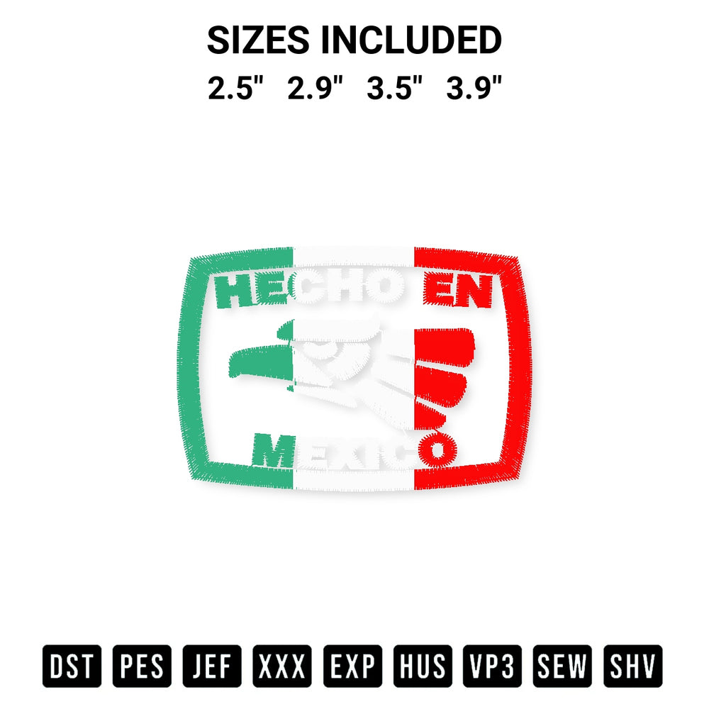 Get the Hecho En Mexico Eagle Embroidery Design embroidery design for your custom crafts! Premium digitized files available for instant download at Designspacks.com. Available sizes: 2.5", 2.9", 3.5", 3.9".
