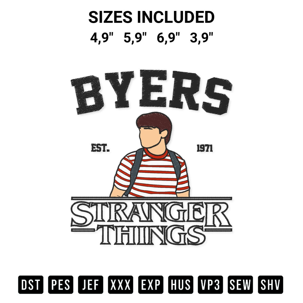 Elevate your next project with our Will Byers Stranger Things Logo Embroidery Design embroidery file. Shop high-quality digital patterns instantly at Designspacks.com. Available sizes: 4,9", 5,9", 6,9", 3,9".
