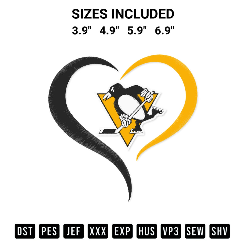 Shop the Pittsburgh Penguins Heart Nhl Embroidery Design machine embroidery pattern at Designspacks.com. Beautifully digitized for flawless stitching on any fabric. Available sizes: 3.9", 4.9", 5.9", 6.9".