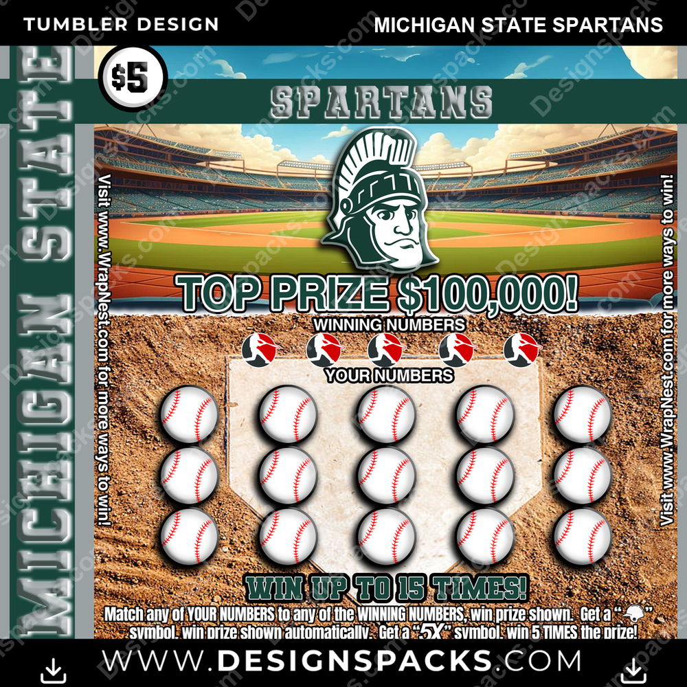College Sport Lottery Ticket (BASEBALL) Michigan State Spartans Tumbler Digital Wrap Design