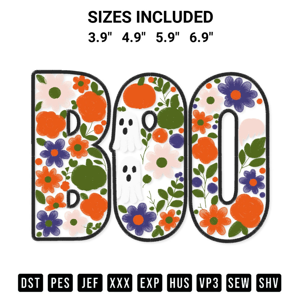 Shop the Boo Ghost And Floral Embroidery Design machine embroidery pattern at Designspacks.com. Beautifully digitized for flawless stitching on any fabric. Available sizes: 3.9", 4.9", 5.9", 6.9".